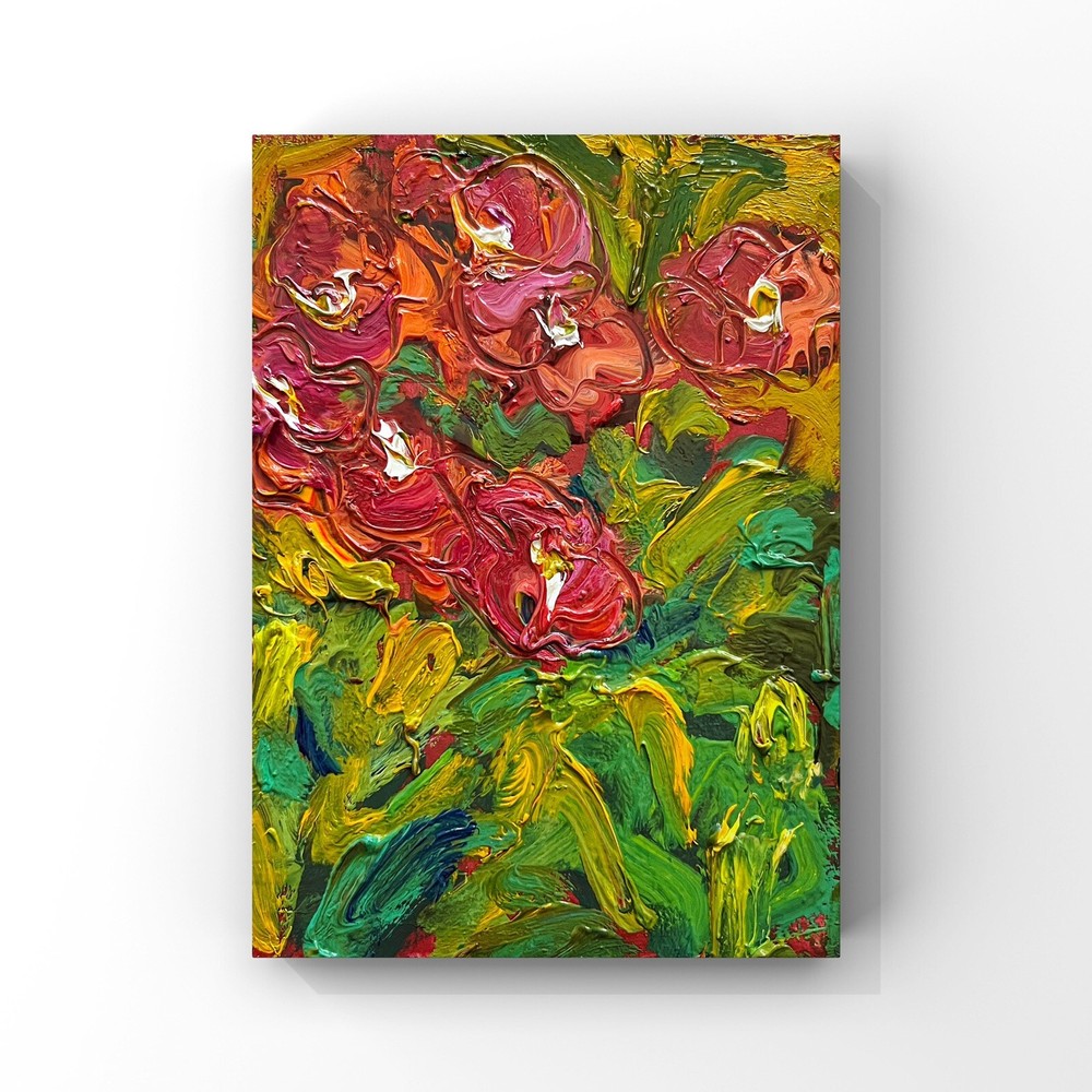 Abstract Floral Oil Painting Impasto Textured Small Original Artwork-image