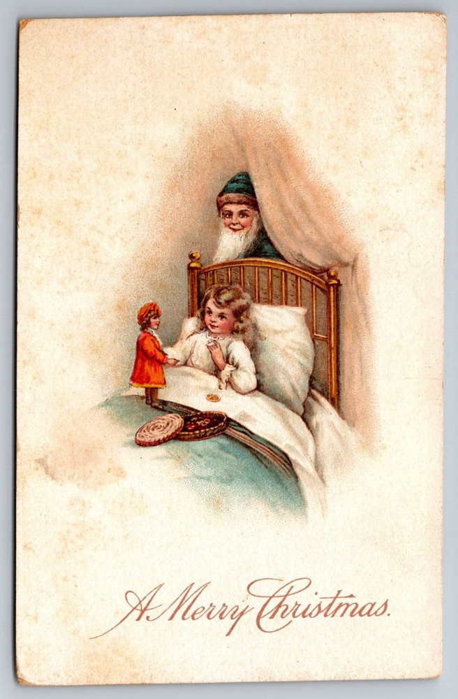 Little Girl in Bed With Doll Santa Peeking From Behind Merry Christmas Postcard