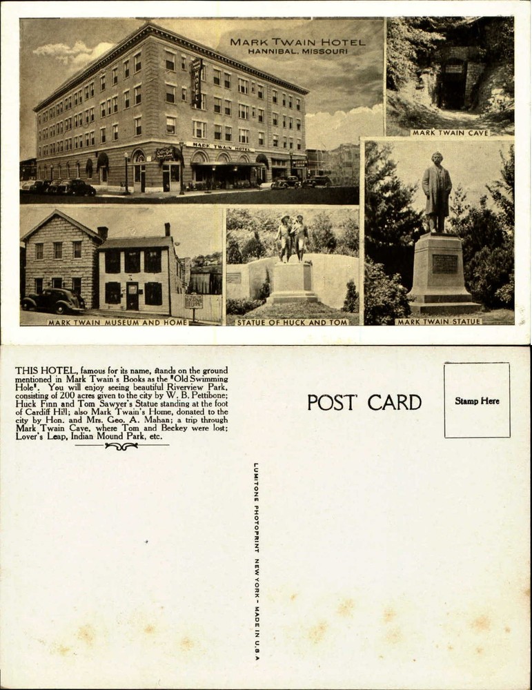 Mark Twain Hotel multi-view Hannibal Missouri old postcard
