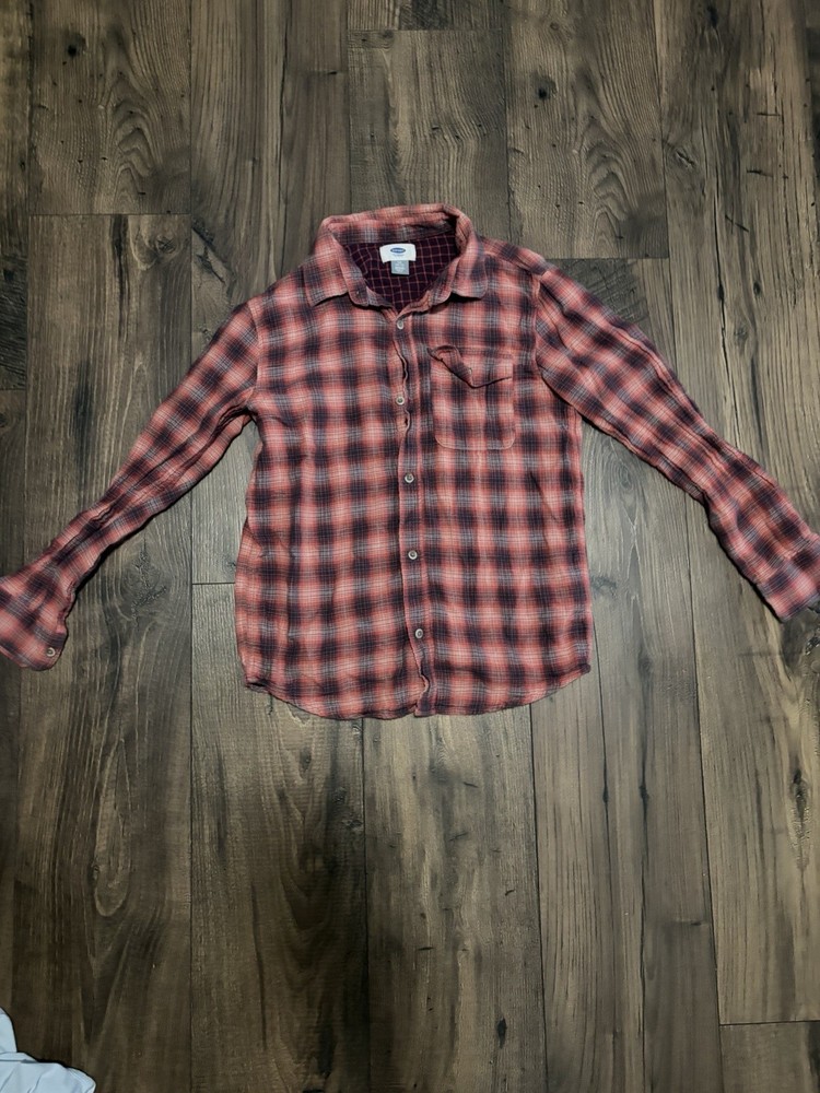 Old Navy Boys Red Black Plaid Flannel Button-Up Shirt Long Sleeve Size L/G