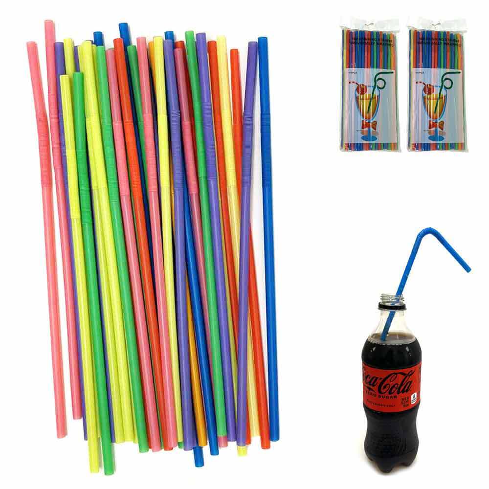 200 Pcs Colorful Flexible Long Straws Plastic Bendable Disposable Drinking Straw