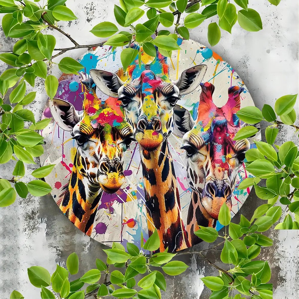 8 Inch Giraffe Family Retro Abstract Round Aluminum Metal Sign