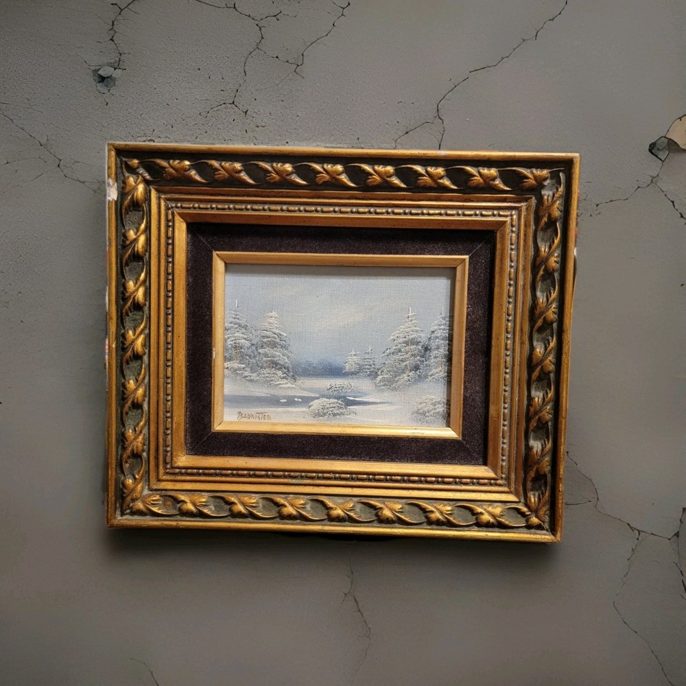 Vtg Original Oil On Canvas Winter Landscape Signed Barrister Framed Painting
