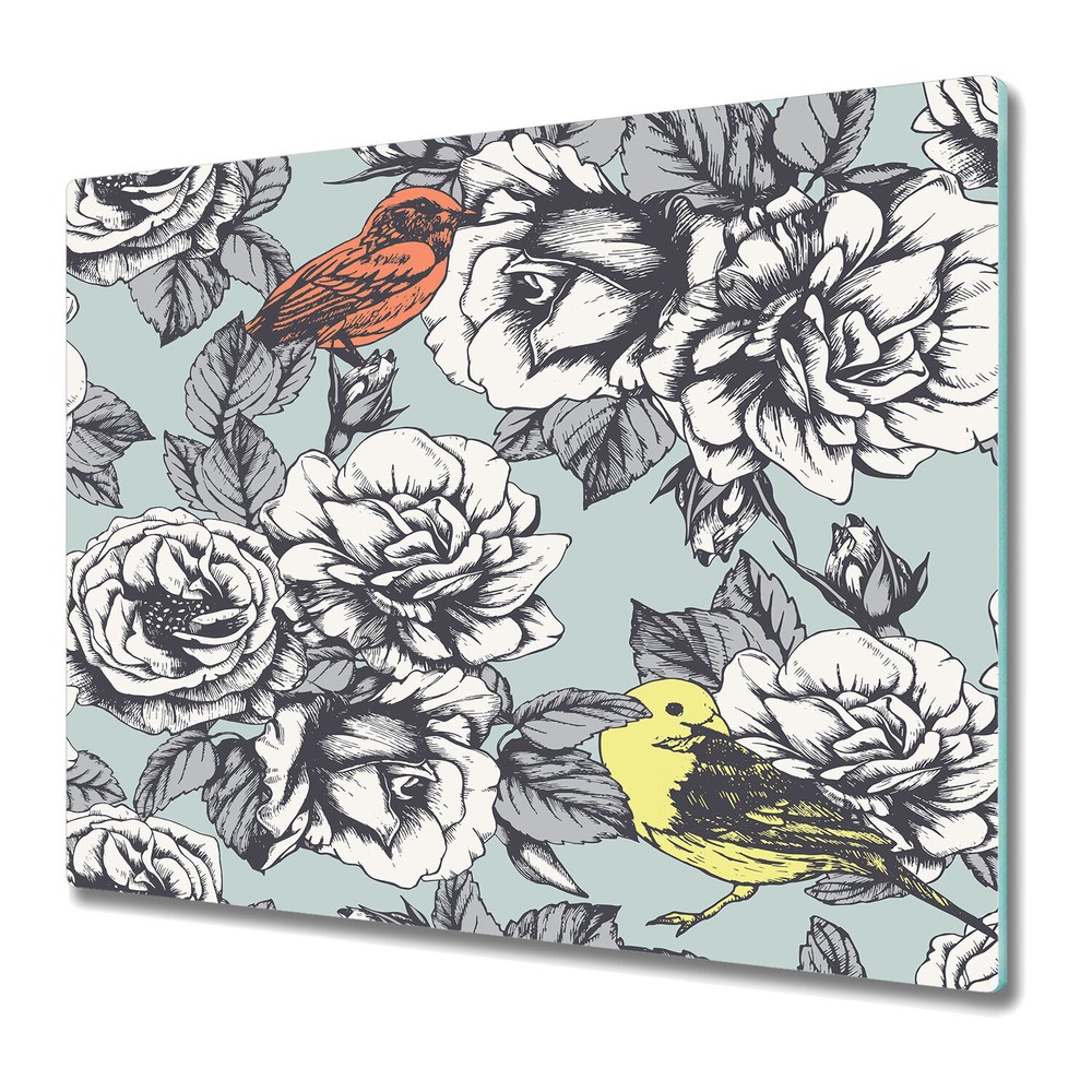 Glass Worktop Saver Kitchen Roses and Birds white and grey photo 60x52