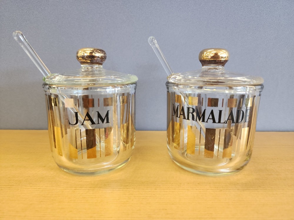 Vtg MCM JEANNETTE GLASS MARMALADE  & JAM JARS  W/ LIDS  METALLIC GOLD ACCENTS