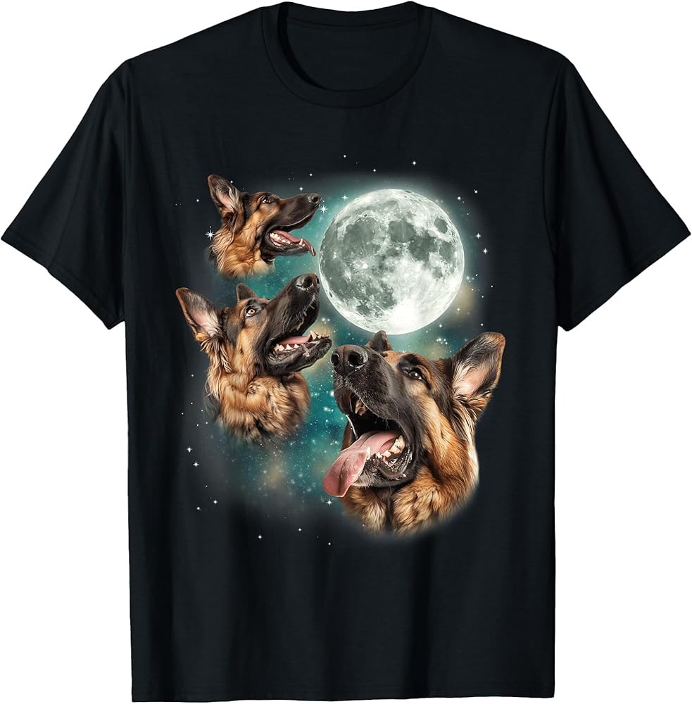 Three German Shepherd Moon Funny Howling Dogs Canine Meme T-Shirt