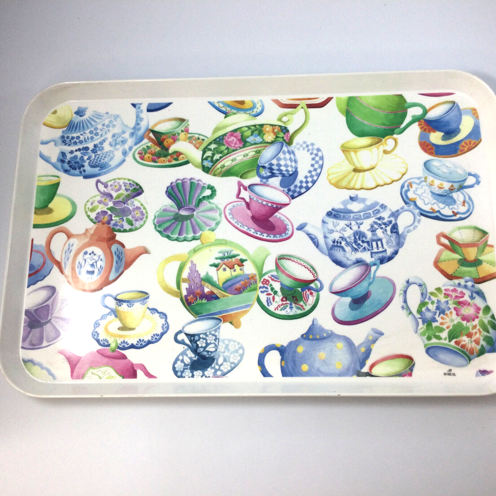 Vintage Italian Melamine Rectangular Serving Tray with Teapots and Cups Design
