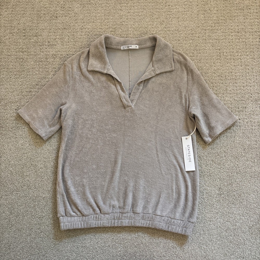 Stateside Womens Cotton Terry Cloth Short Sleeve V Neck Polo Shirt Gray NWT