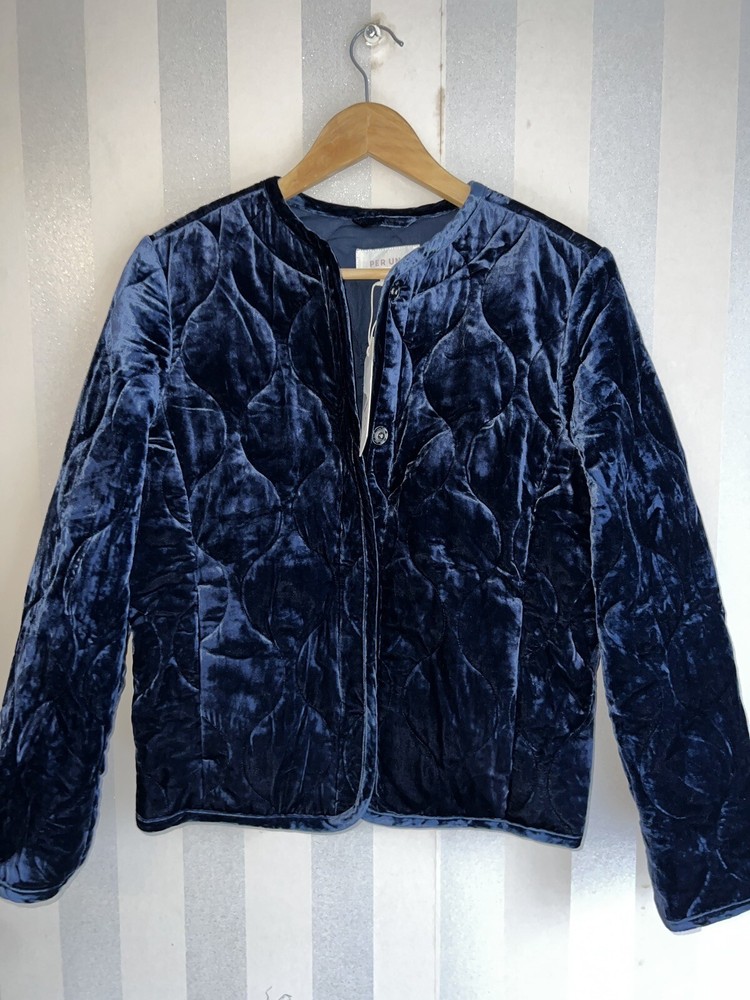 Marks and Spencer Per Una Midnight Blue Quilted Velvet Chuck On Jacket Size 6