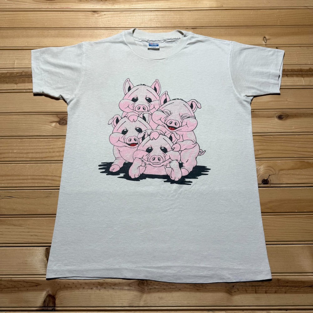 Vintage 90s Hanes Pig Pile Cartoon Graphic T-Shirt USA Made Youth Large (14-16)