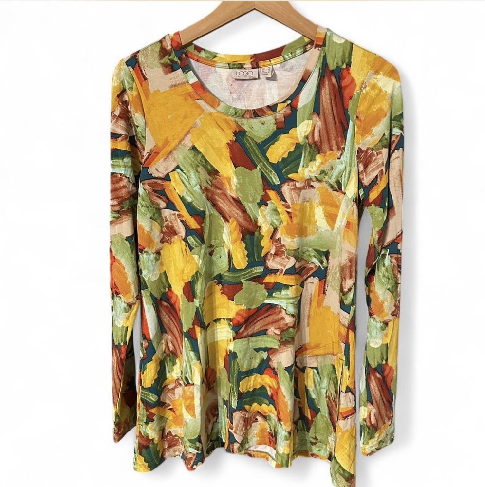 LOGO by Lori Goldstein Women’s Small Abstract Long Sleeve T-Shirt Colorful Artsy