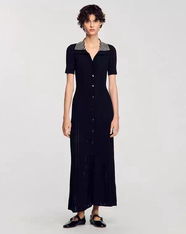 NEW Sandro Pearl lapel Short sleeve single-breasted Knitted dress Women's