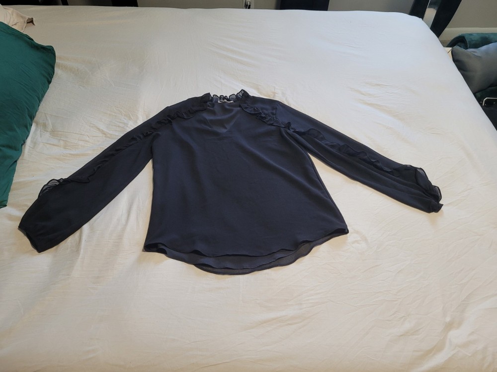 Calvin Klein Black Chiffon Ruffle Round Neck Blouse XS Polyester Long Sleeve