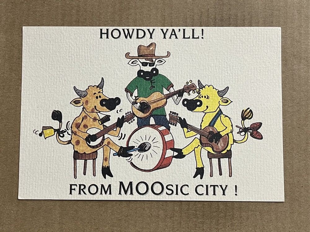 Postcard Comic Cartoon Nashville TN Country Music Band Bull Cow Guitar Banjo