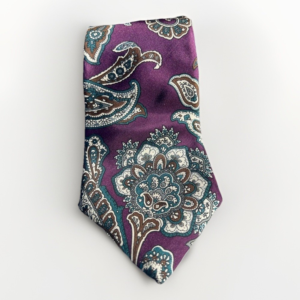 Halston lll Tie Italian Silk vintage formal men's purple cream green paisley USA
