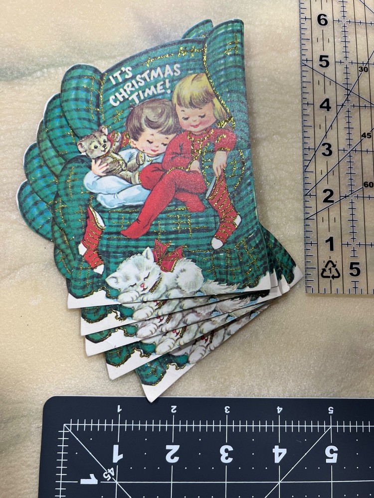 Vintage 50s Christmas Card Die Cut Embossed Glitter No Envelope Retro LOT of 5
