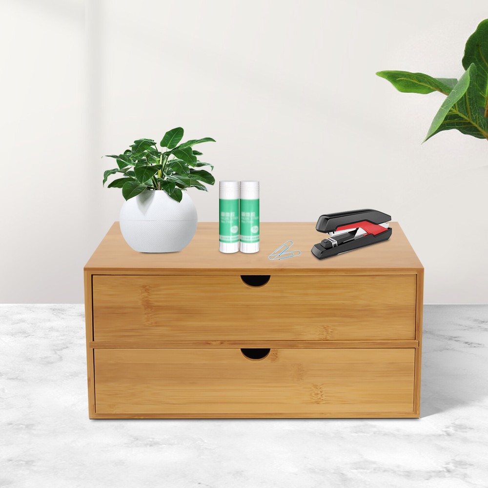 Mini Bamboo Organizer for Desk, Tabletop Storage Organization Box with 2 Drawers