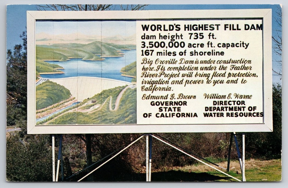 Oroville Dam Site CA Billboard Postcard Feather River Project 1960s