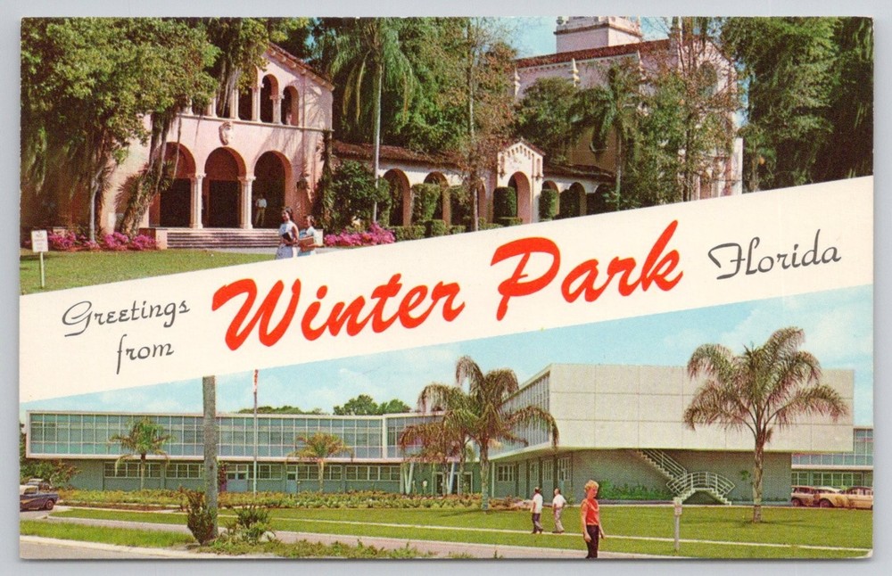 Greetings from Winter Park Florida Postcard - Rollins College & State Bldg
