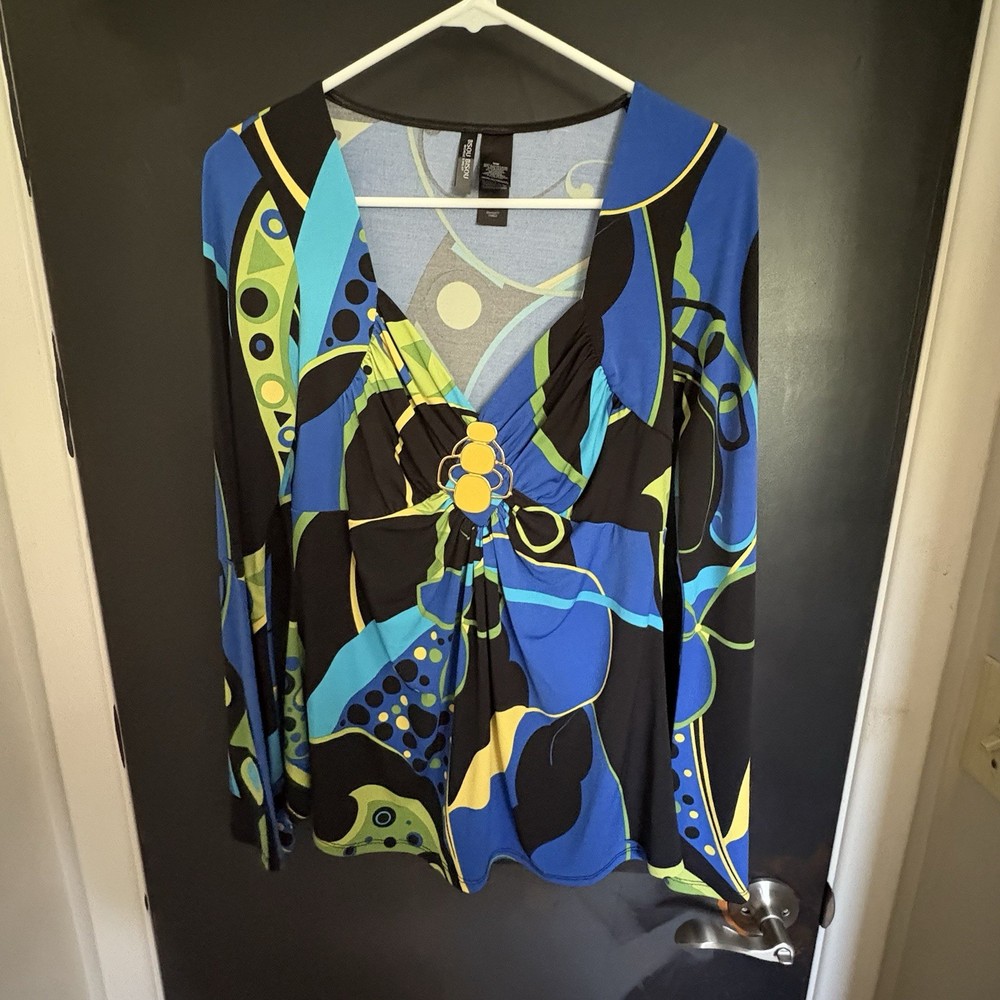 Bisou Bisou Michele Bobhot Women’s Top - Size Medium - Blues/Yellows/Greens