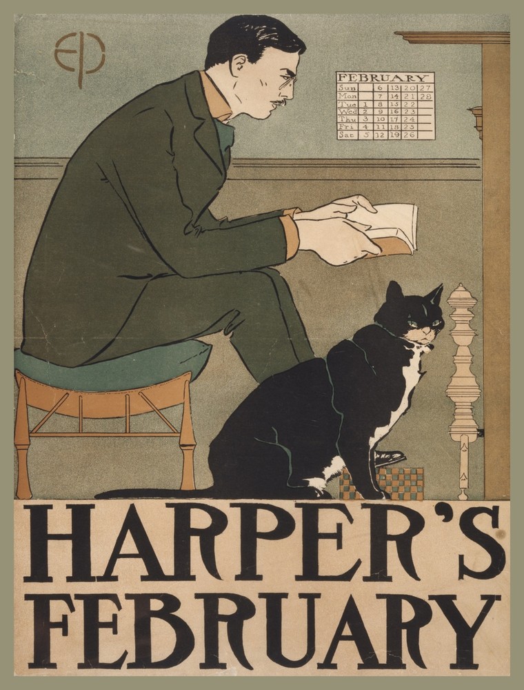 9712.Decoration Poster.Room Wall art.Home decor.Man reading and black pet cat