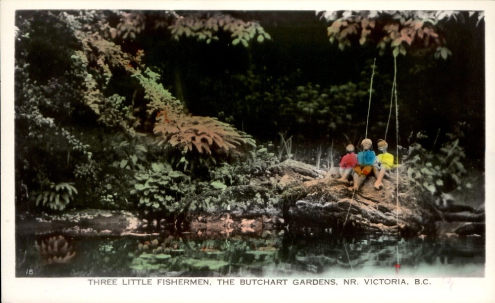 Butchart Gardens fishermen Victoria BC Canada Gowen Sutton RPPC handcolored