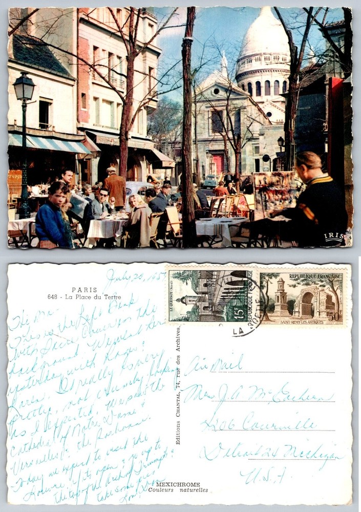 Vintage 1957 Paris Postcard Place du Tertre Montmartre Sacré-Cœur Mexichrome