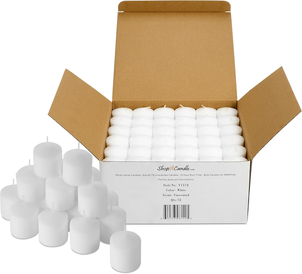 72 White Unscented Votive Candles Bulk Pack - 15 Hour Burn Time