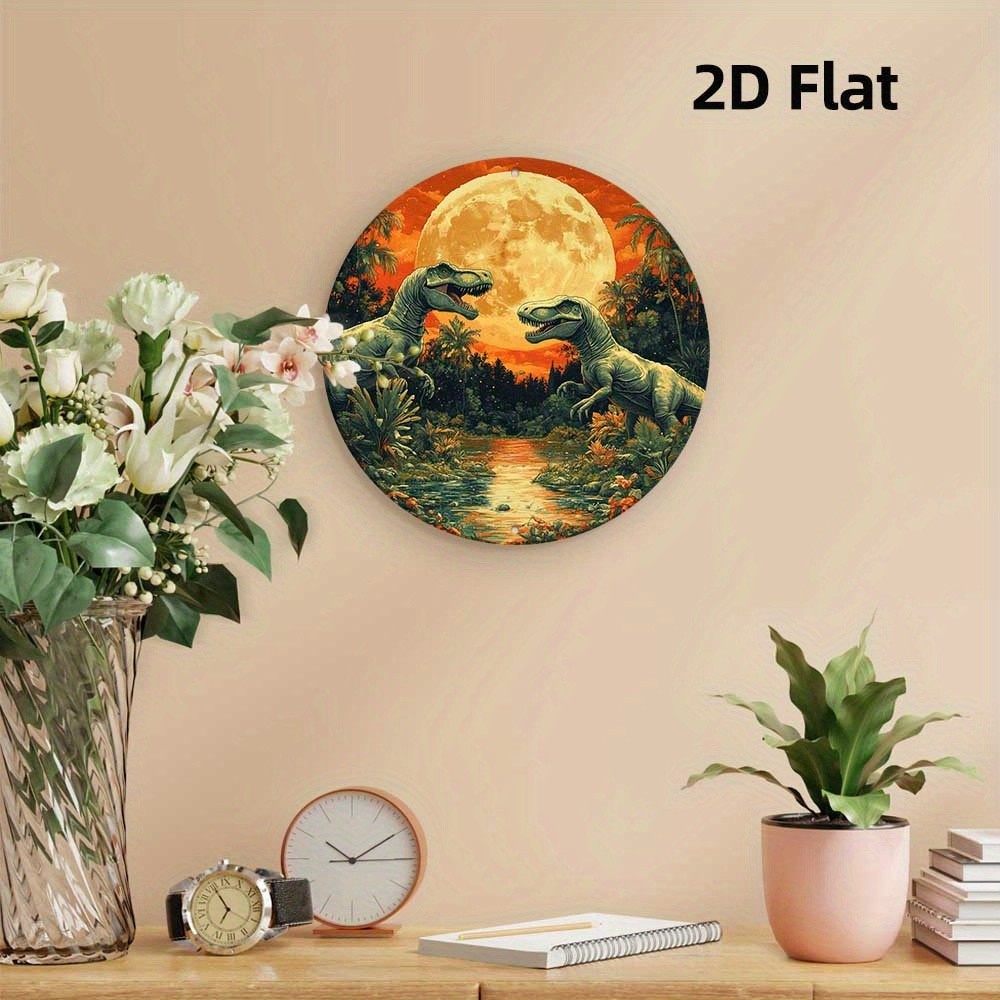 Retro Dinosaur Metal Wall Art 8X8Inch Round Sunset Moon Scene
