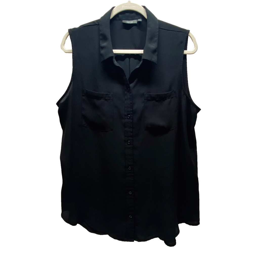 APT 9 Sleeveless Blouse Women's XL Black Semi Sheer Button Down Career Top GUC