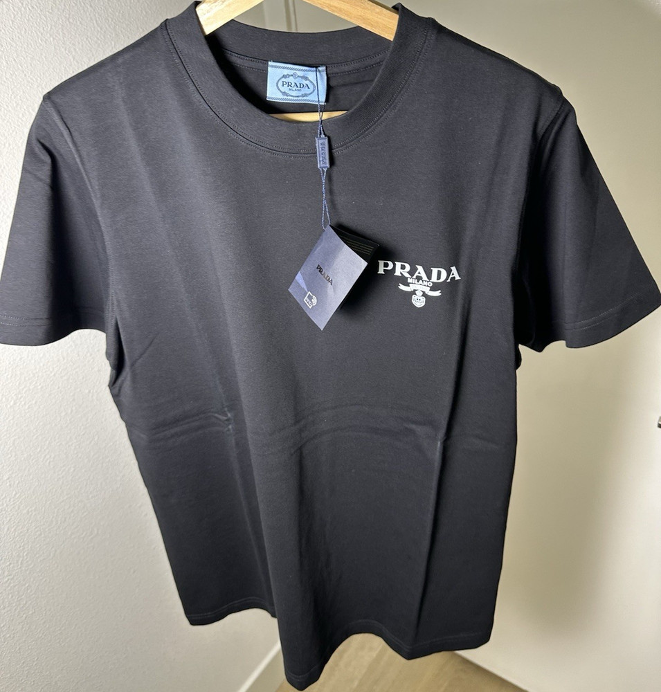 PRADA Black Cotton Logo T-Shirt Men's Size L Crew Neck Short Sleeve