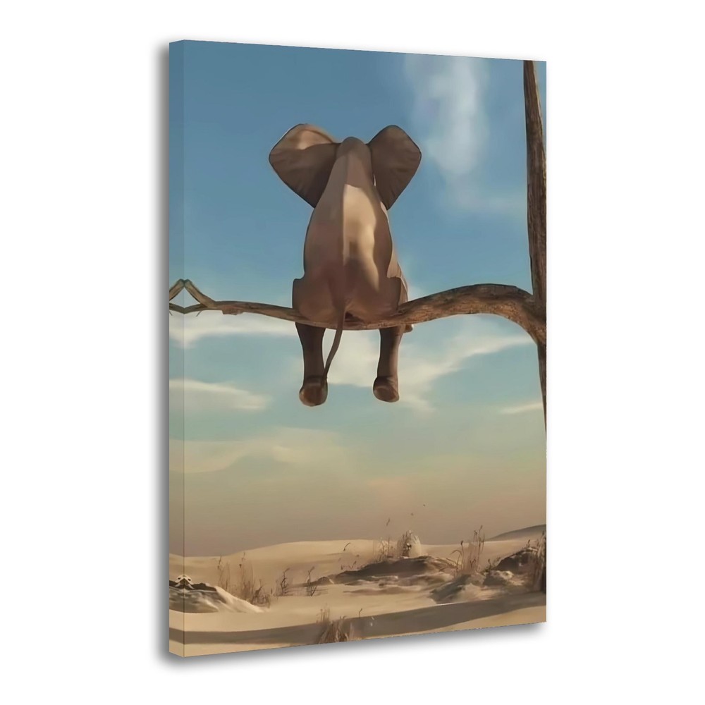 Lonely Elephant in Desert Sitting in Tree Poster Funny Decor Framed Artwork