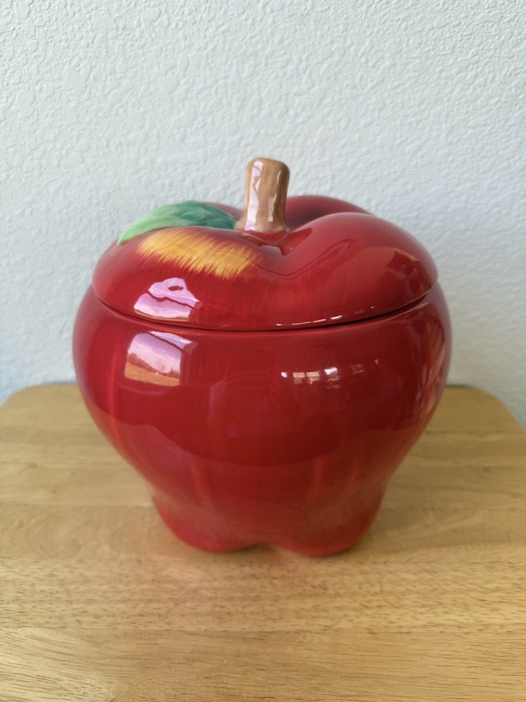 Vintage Shiny Apple Ceramic Cookie Jar Red Yellow with a Leaf