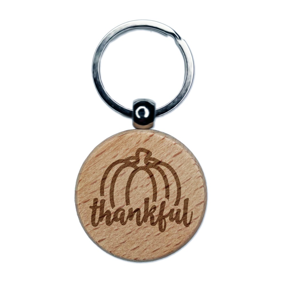 Thankful Pumpkin Thanksgiving Wood Round Keychain Charm Engraved Autumn  