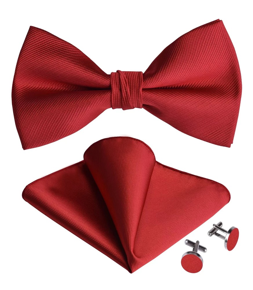 Men's Adjustable Pre-Tied Red Bow Tie & Pocket Square Set for Weddings
