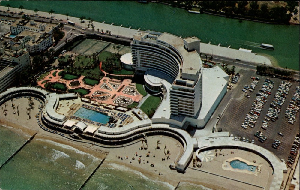 Florida Miami Beach Fontainebleau Hotel pools aerial view ~ postcard sku341