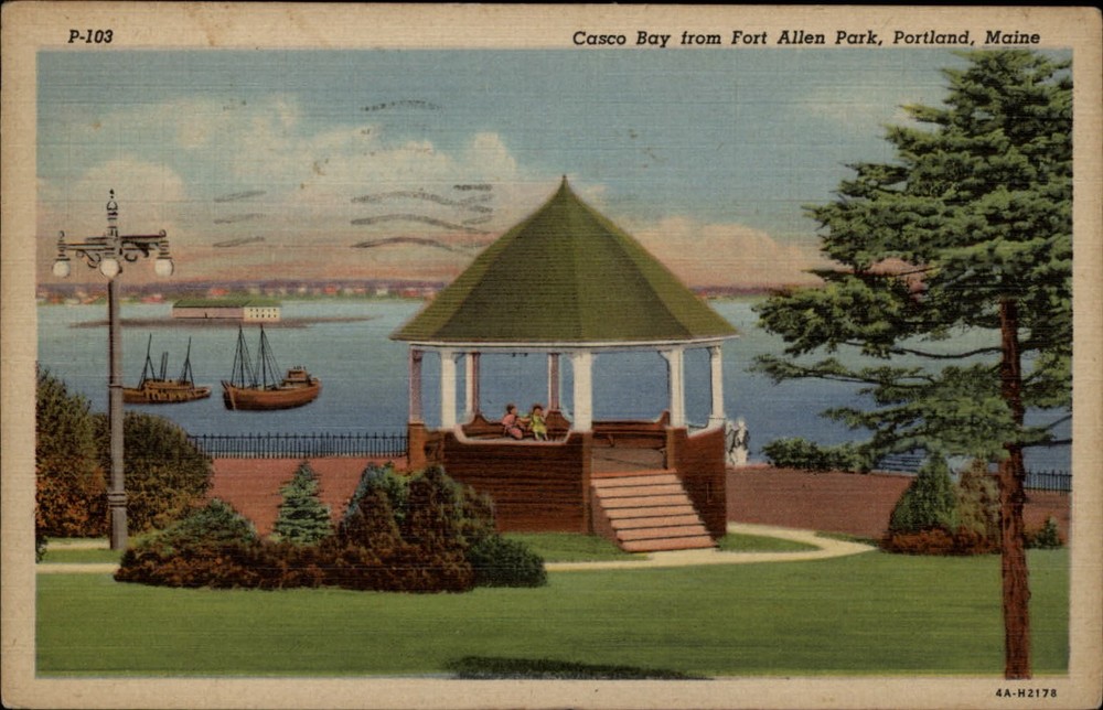 Portland Maine Fort Allen Park gazebo Casco Bay ships mailed 1952 linen postcard