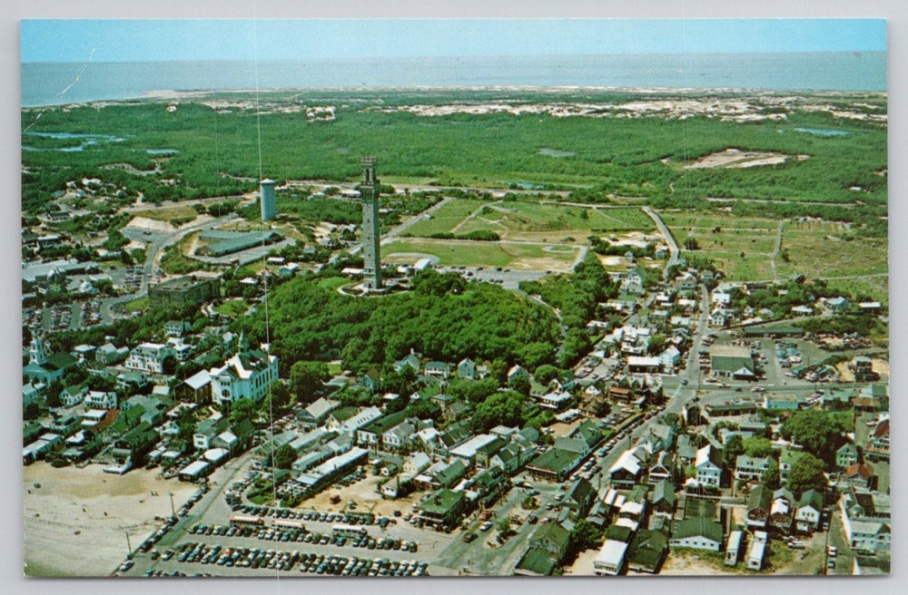 Provincetown MA Aerial View Pilgrim Monument Cape Cod Chrome Postcard