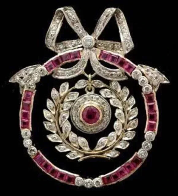 Antique 4.20Ct Diamond & Ruby Vintage Solid 14k White Gold Plated Elegant Brooch
