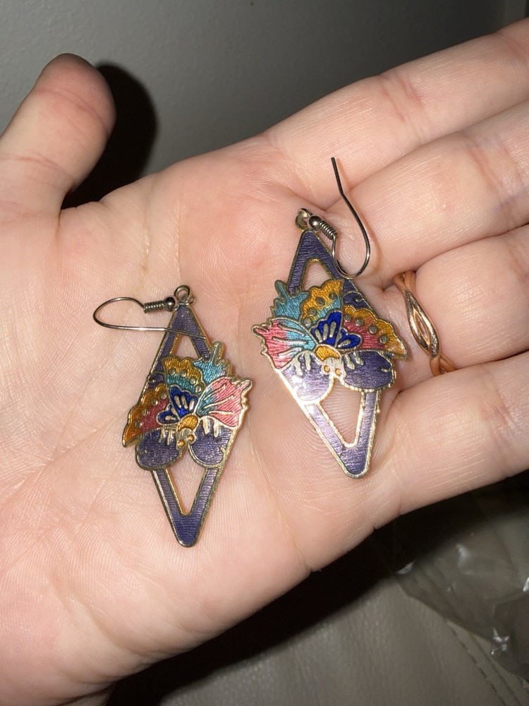 Floral Cloisonné Vintage Earrings Dangle Gold Tone
