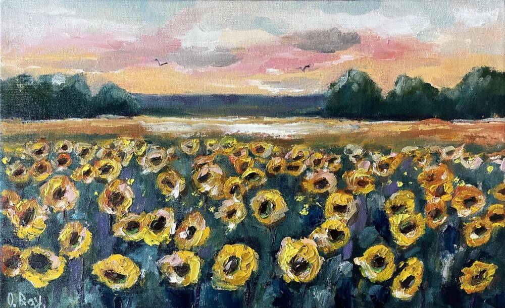 Sunflower Field Oil Painting Original Art Landscape Wall Art 12x20