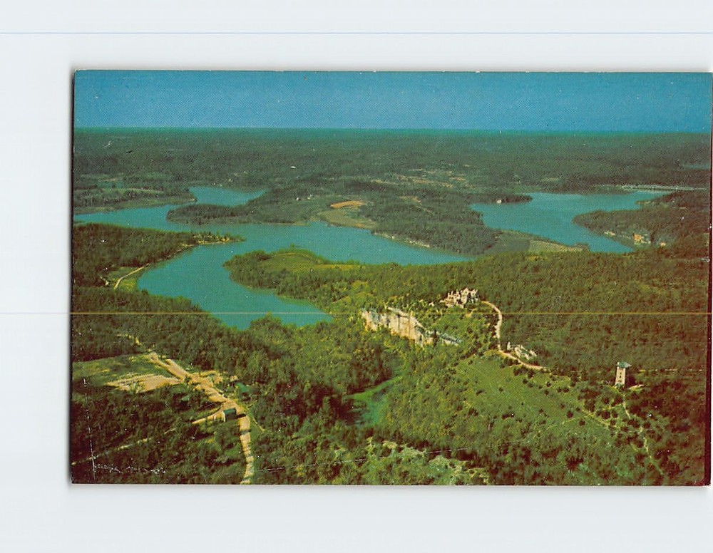 Postcard Aerial View of Lake of the Ozarks & Ha ha Tonka Castle Ruins Missouri