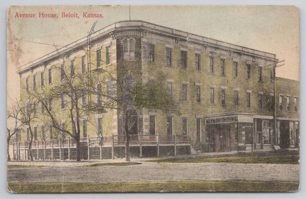 1910 Beloit Kansas Avenue House Hotel Postcard, German Made, Posted