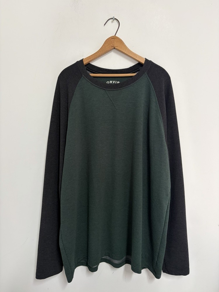 Orvis T-Shirt Mens XXL 2XL Green Grey Color Block Raglan Long Sleeve Stretch