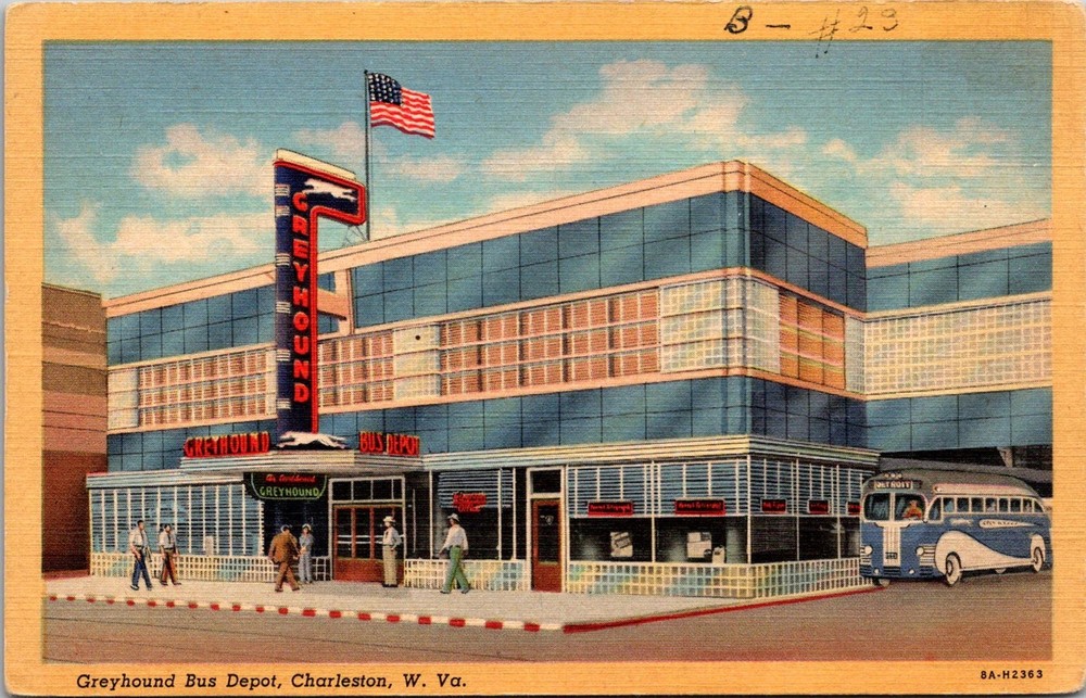 Vintage Greyhound Bus Depot Charleston W Va Postcard