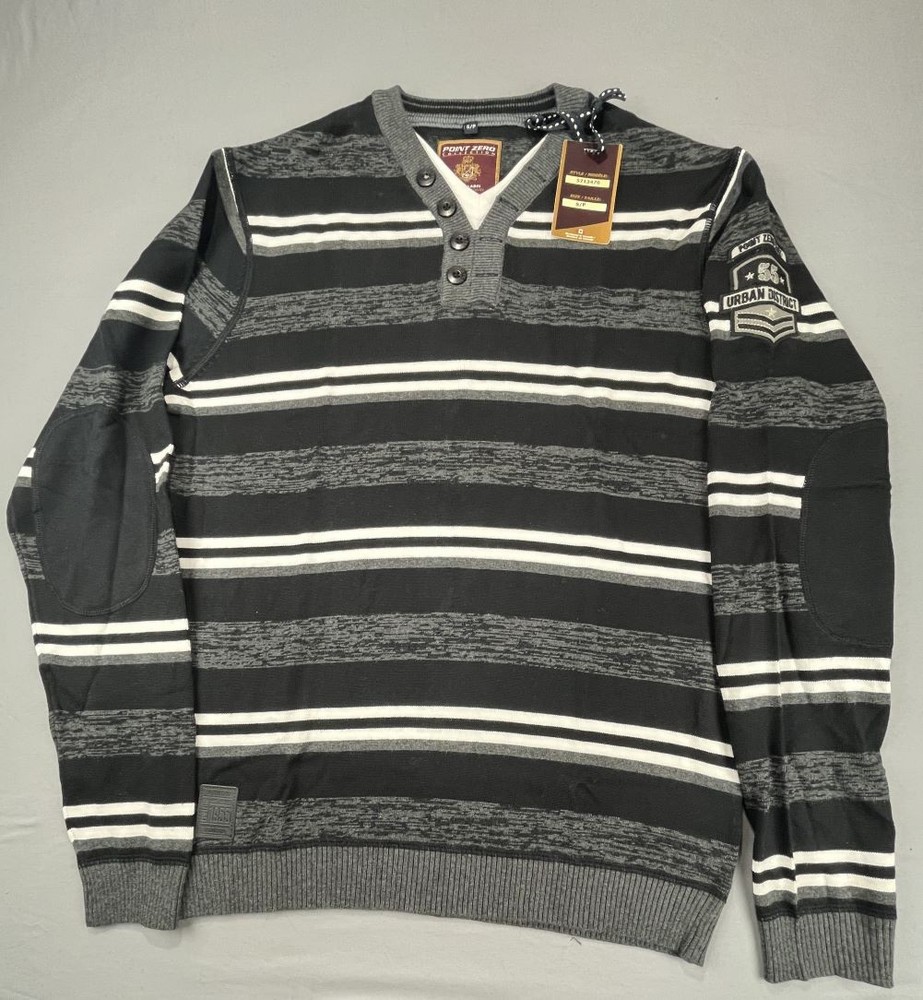 Small Men's Henley Inset Pullover Striped Sweater Point Zero Black Gray White