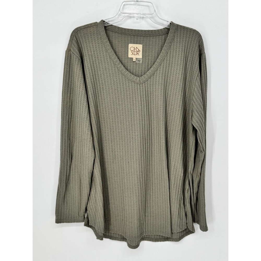 Chaser Waffle Knit Top Womens XXL Olive Green Good V-Neck Long Sleeve Thermal