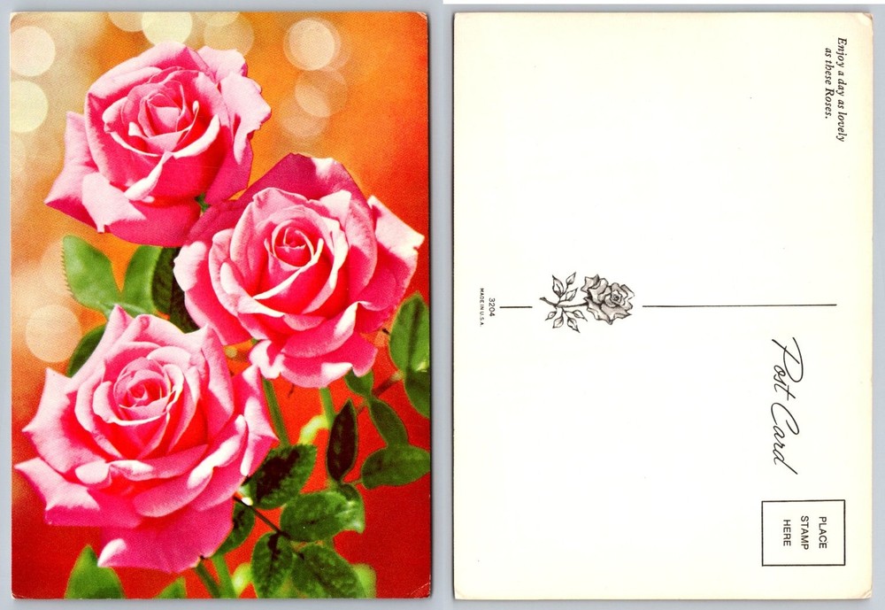 Vintage Pink Roses Floral Postcard - Made in USA - Unposted Greetings