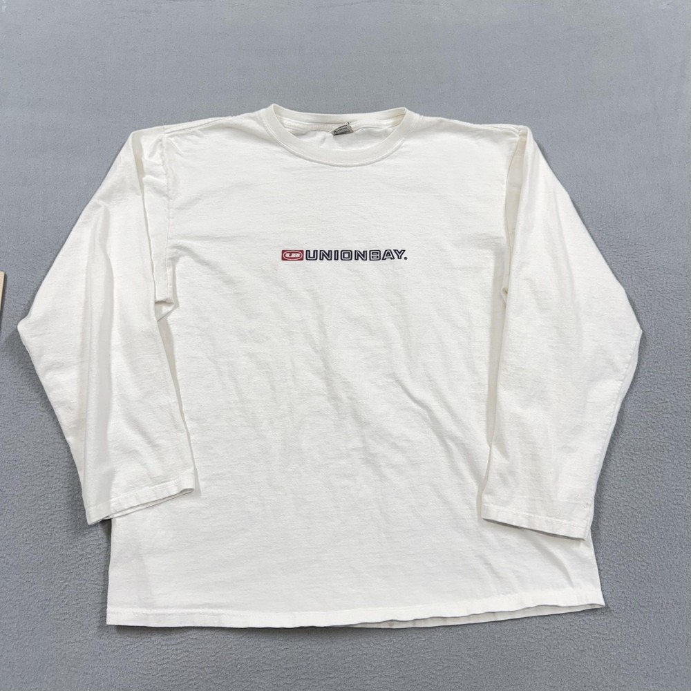 Vintage Unionbay Shirt Mens Large White Long Sleeve Logo Graphic y2k skater