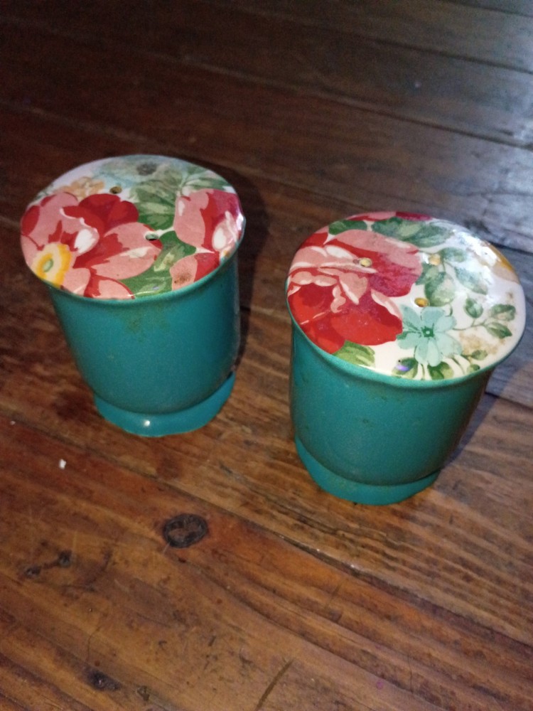 Pioneer Woman Teal Vintage Floral Salt And Pepper Shakers EUC!